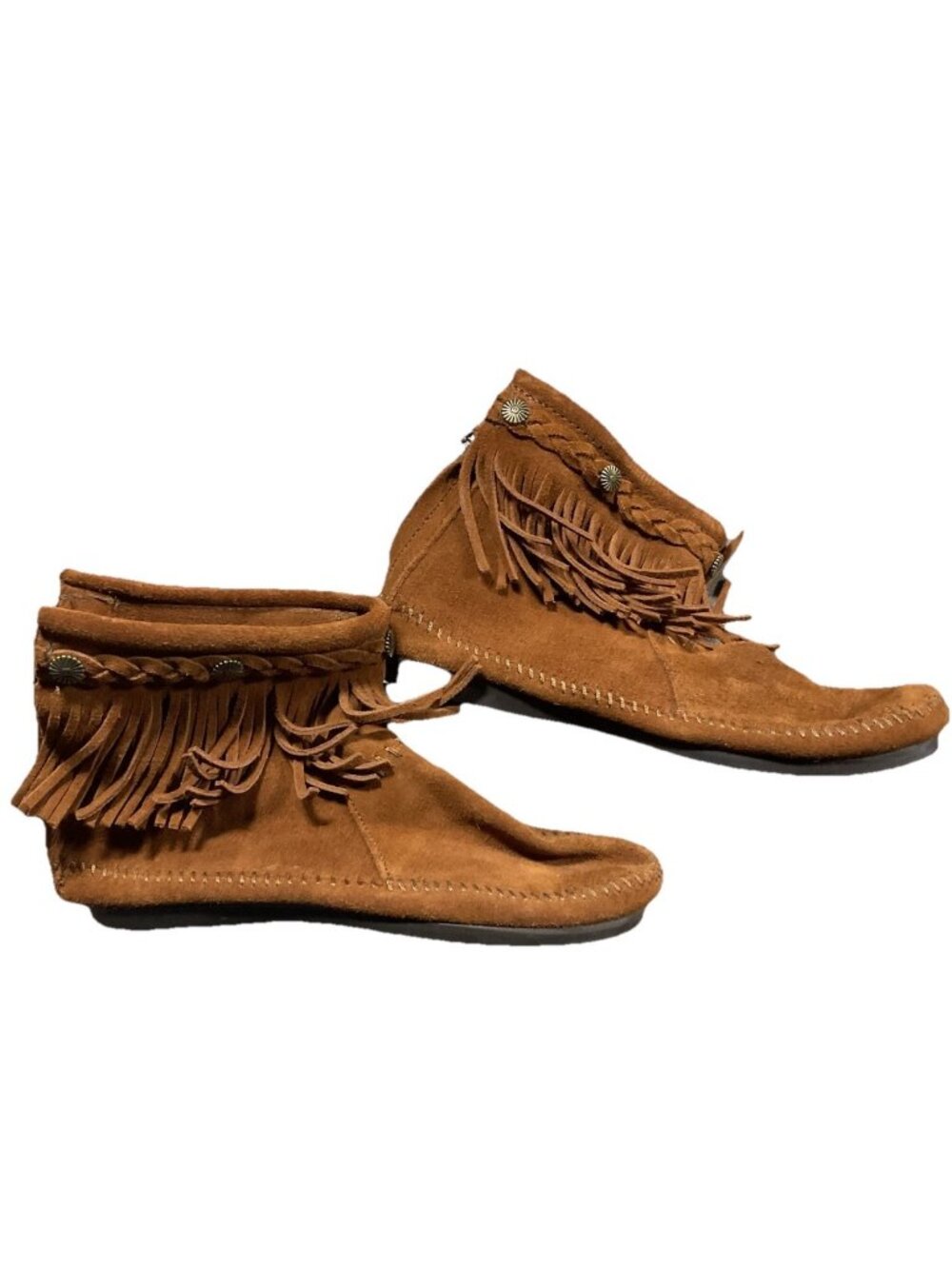Minnetonka Brown Suede Fringe Ankle Bootie Moccasin Shoes Size 7